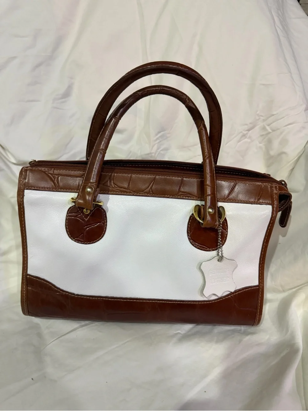 Valerie Stevens White and Brown Leather Top-Handle Satchel